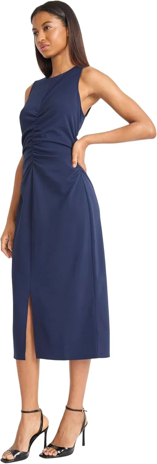 Donna Morgan Women's Sleeveless Ruched Midi Sheath Dress-Front Slit Design-Elegant Scuba Crepe Wedding Guest Attire
