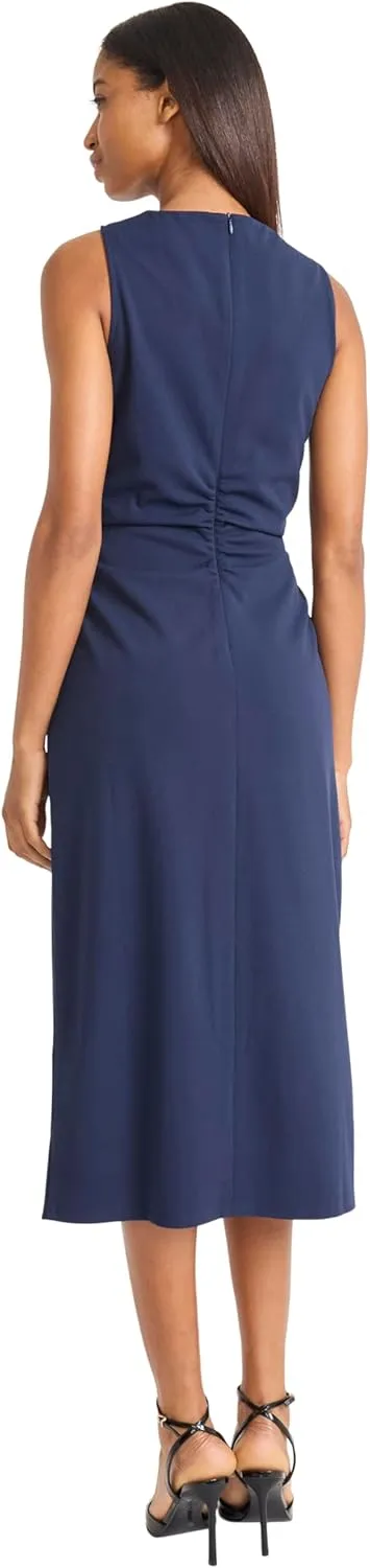 Donna Morgan Women's Sleeveless Ruched Midi Sheath Dress-Front Slit Design-Elegant Scuba Crepe Wedding Guest Attire