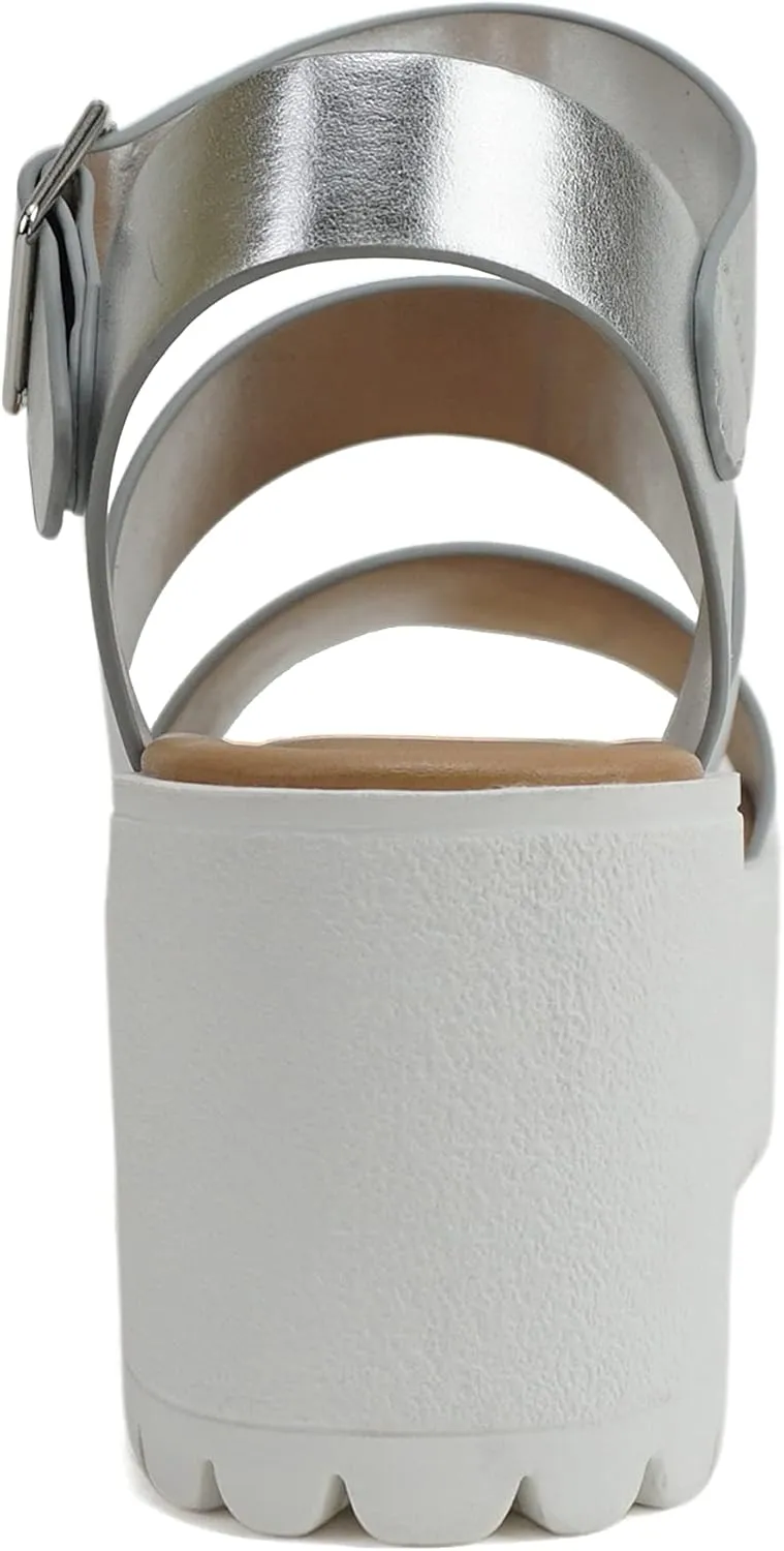 Donna ~ Women Open Toe Two Bands Lug sole Fashion Block Heel Sandals with Adjustable Ankle Strap