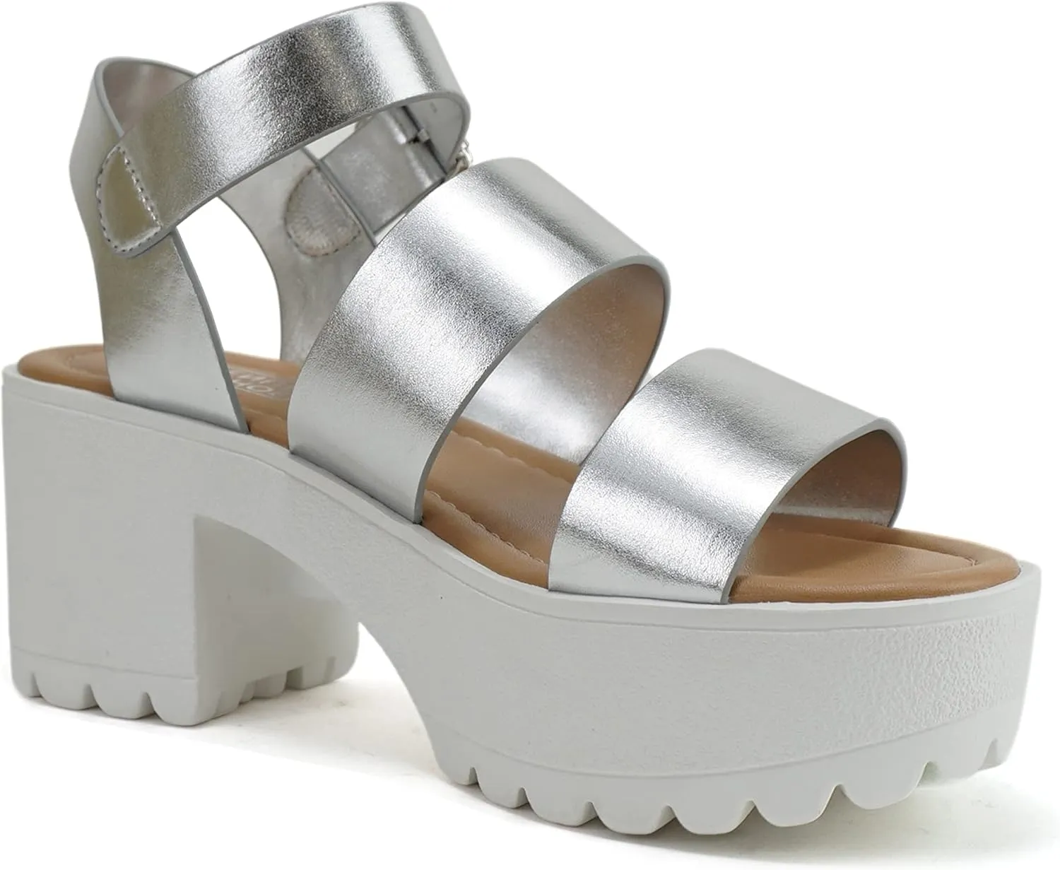 Donna ~ Women Open Toe Two Bands Lug sole Fashion Block Heel Sandals with Adjustable Ankle Strap