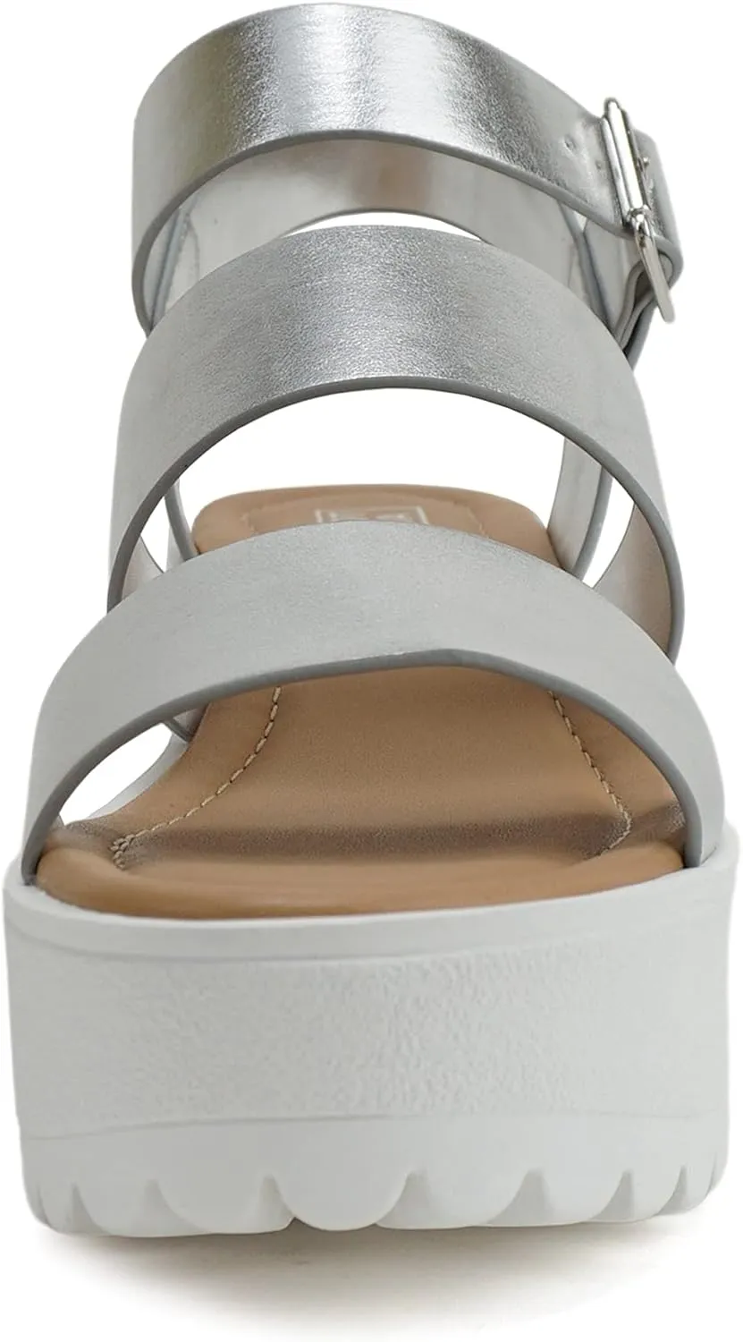 Donna ~ Women Open Toe Two Bands Lug sole Fashion Block Heel Sandals with Adjustable Ankle Strap