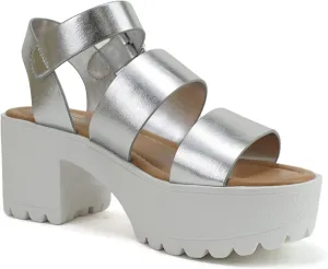 Donna ~ Women Open Toe Two Bands Lug sole Fashion Block Heel Sandals with Adjustable Ankle Strap