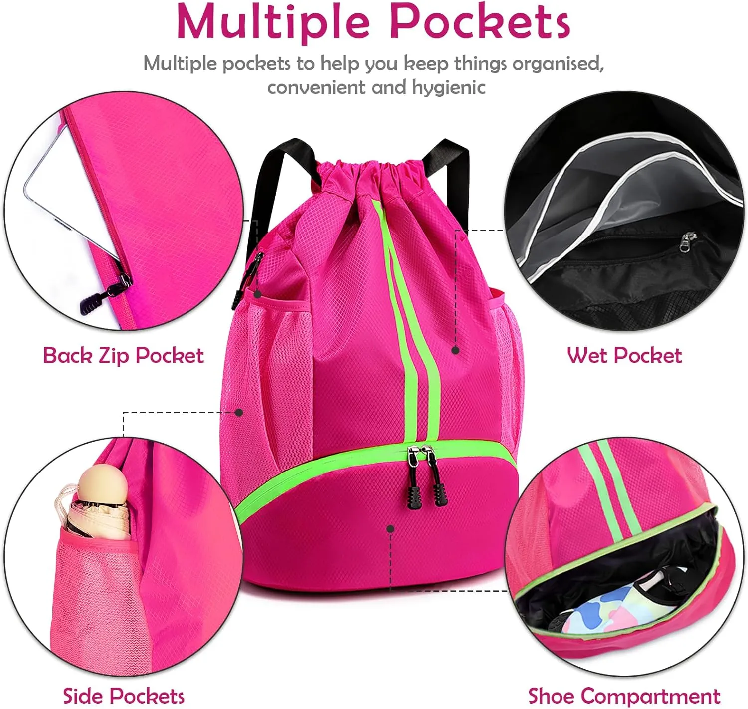 Drawstring Backpack Gymbag Water Resistant Sports Sackpack with Zipper/Shoe Compartment/Wet Pocket/Mesh Pockets Gym Bag for Women Large Capacity String Bag for Travel Soccer Swim Hiking, Pink