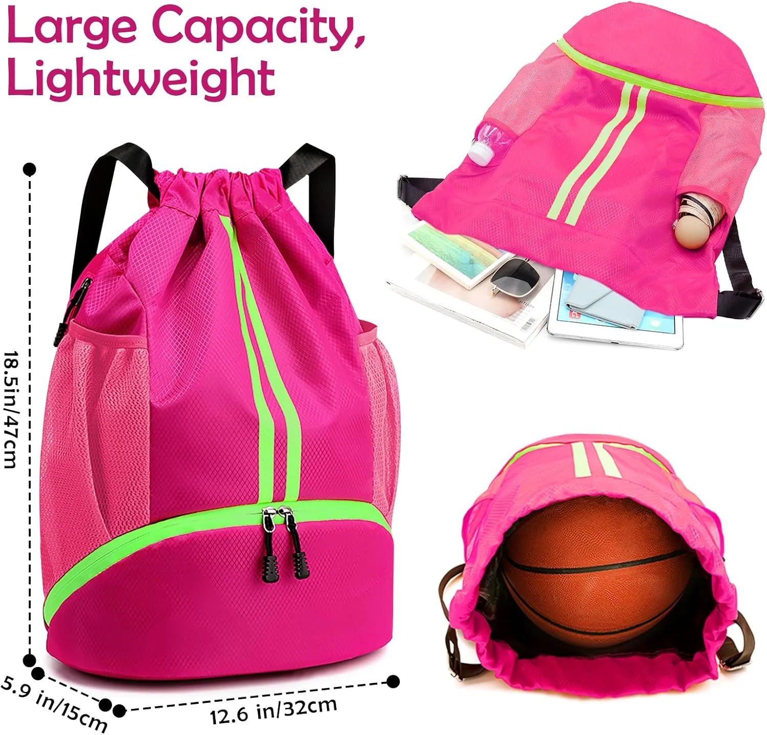 Drawstring Backpack Gymbag Water Resistant Sports Sackpack with Zipper/Shoe Compartment/Wet Pocket/Mesh Pockets Gym Bag for Women Large Capacity String Bag for Travel Soccer Swim Hiking, Pink