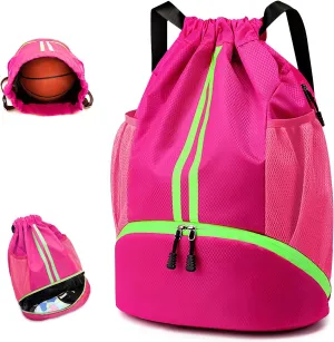 Drawstring Backpack Gymbag Water Resistant Sports Sackpack with Zipper/Shoe Compartment/Wet Pocket/Mesh Pockets Gym Bag for Women Large Capacity String Bag for Travel Soccer Swim Hiking, Pink