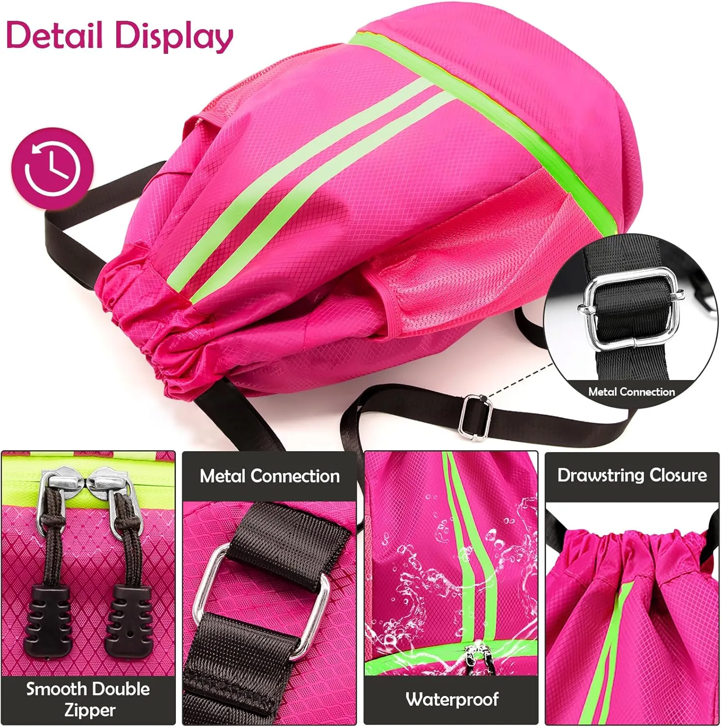 Drawstring Backpack Gymbag Water Resistant Sports Sackpack with Zipper/Shoe Compartment/Wet Pocket/Mesh Pockets Gym Bag for Women Large Capacity String Bag for Travel Soccer Swim Hiking, Pink