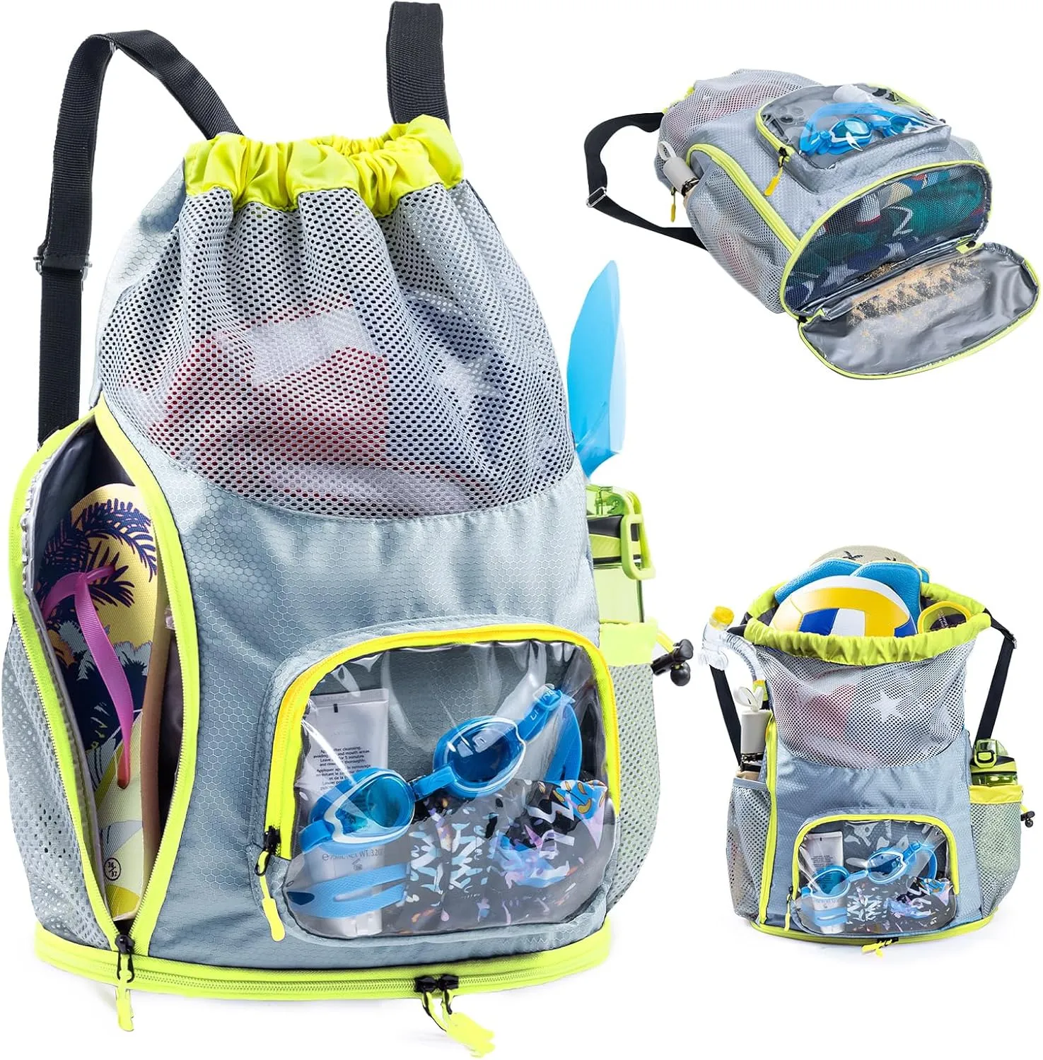 Drawstring Backpack Sandproof - Mesh Backpack Beach Bag with Shoe Compartment - Swim Bag for Beach, Pool - Pool Bag with Pockets for Toiletries - Wet Bag for Swimsuit - Summer Camp Essentials