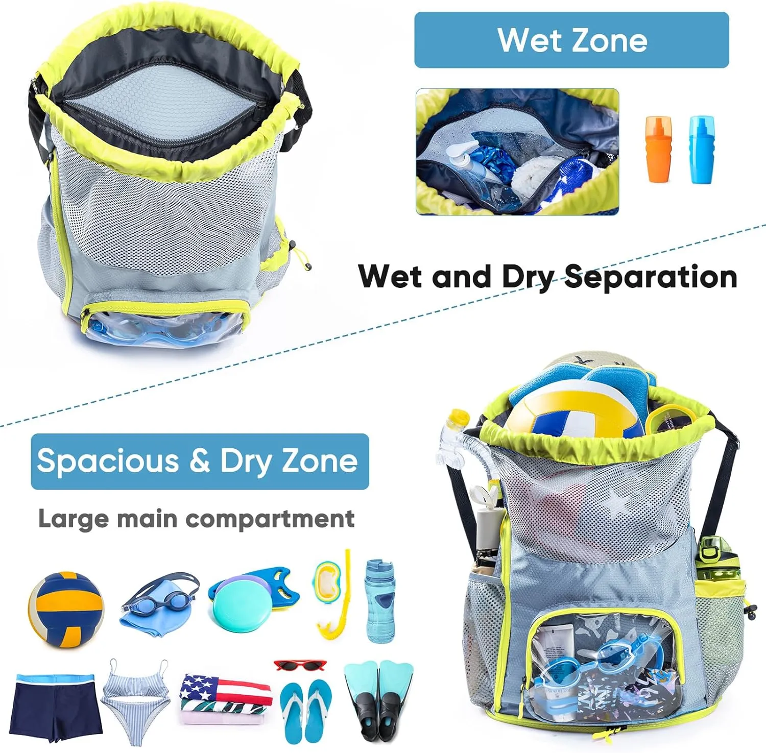 Drawstring Backpack Sandproof - Mesh Backpack Beach Bag with Shoe Compartment - Swim Bag for Beach, Pool - Pool Bag with Pockets for Toiletries - Wet Bag for Swimsuit - Summer Camp Essentials