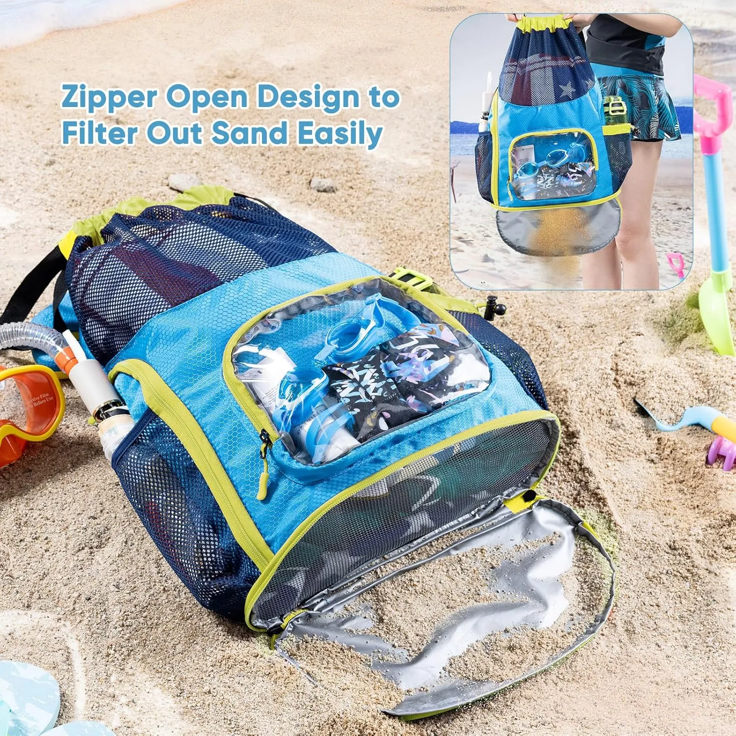 Drawstring Backpack Sandproof - Mesh Backpack Beach Bag with Shoe Compartment - Swim Bag for Beach, Pool - Pool Bag with Pockets for Toiletries - Wet Bag for Swimsuit - Summer Camp Essentials