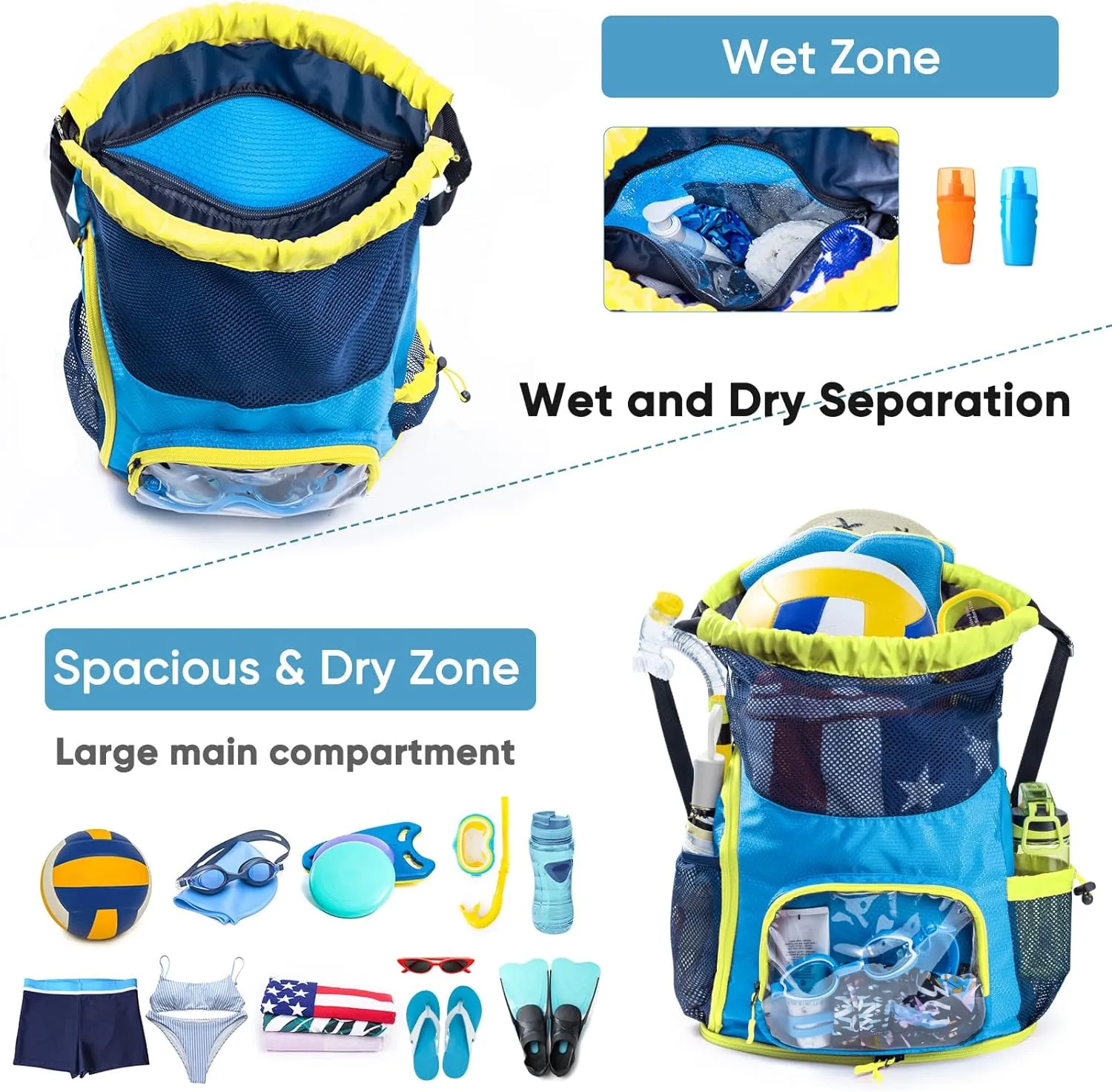 Drawstring Backpack Sandproof - Mesh Backpack Beach Bag with Shoe Compartment - Swim Bag for Beach, Pool - Pool Bag with Pockets for Toiletries - Wet Bag for Swimsuit - Summer Camp Essentials