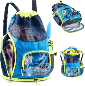 Drawstring Backpack Sandproof - Mesh Backpack Beach Bag with Shoe Compartment - Swim Bag for Beach, Pool - Pool Bag with Pockets for Toiletries - Wet Bag for Swimsuit - Summer Camp Essentials
