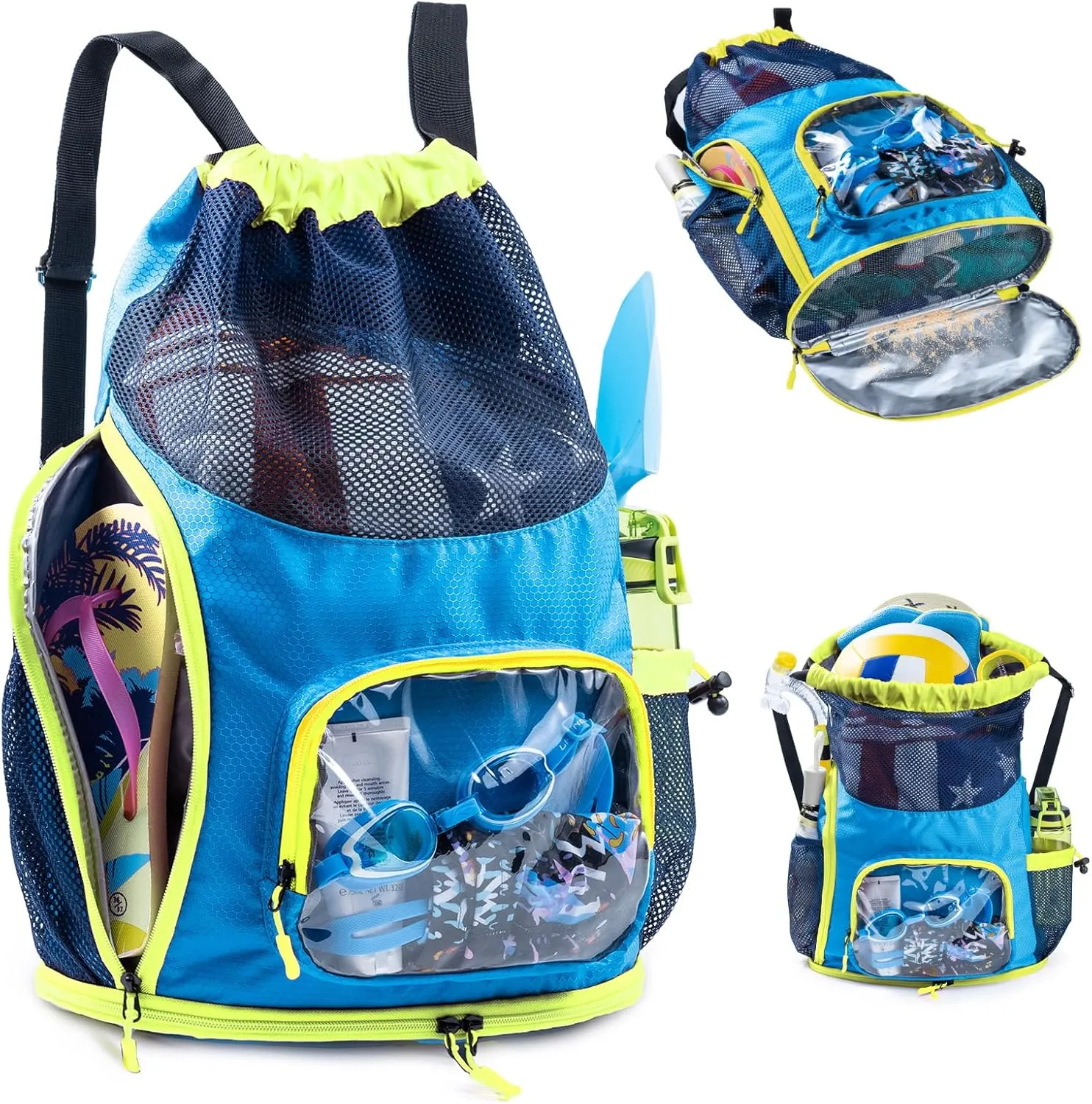 Drawstring Backpack Sandproof - Mesh Backpack Beach Bag with Shoe Compartment - Swim Bag for Beach, Pool - Pool Bag with Pockets for Toiletries - Wet Bag for Swimsuit - Summer Camp Essentials