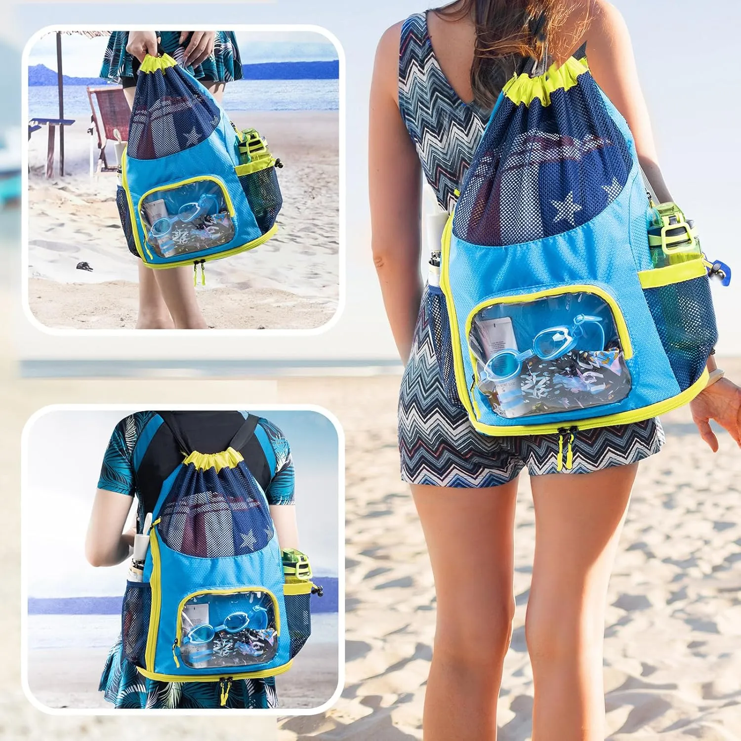 Drawstring Backpack Sandproof - Mesh Backpack Beach Bag with Shoe Compartment - Swim Bag for Beach, Pool - Pool Bag with Pockets for Toiletries - Wet Bag for Swimsuit - Summer Camp Essentials