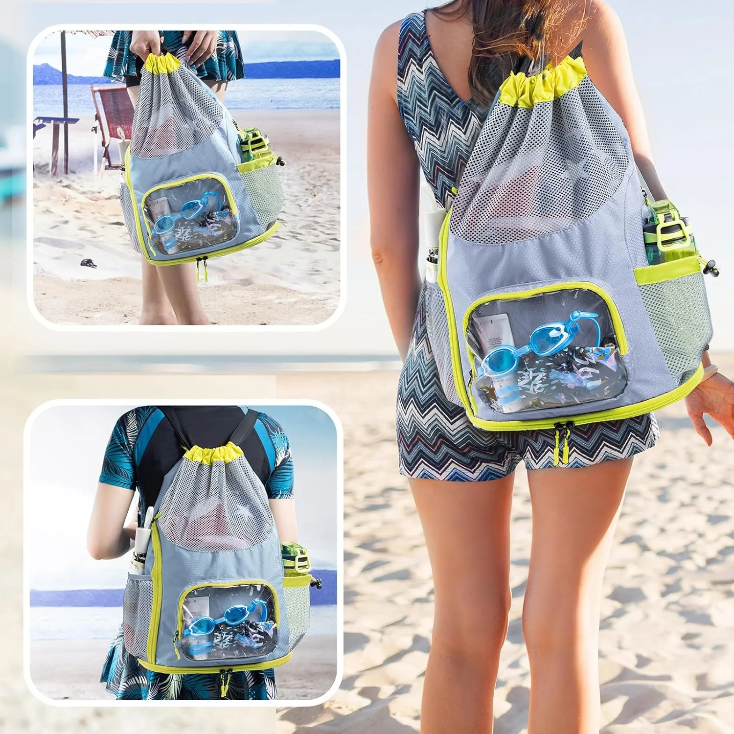 Drawstring Backpack Sandproof - Mesh Backpack Beach Bag with Shoe Compartment - Swim Bag for Beach, Pool - Pool Bag with Pockets for Toiletries - Wet Bag for Swimsuit - Summer Camp Essentials