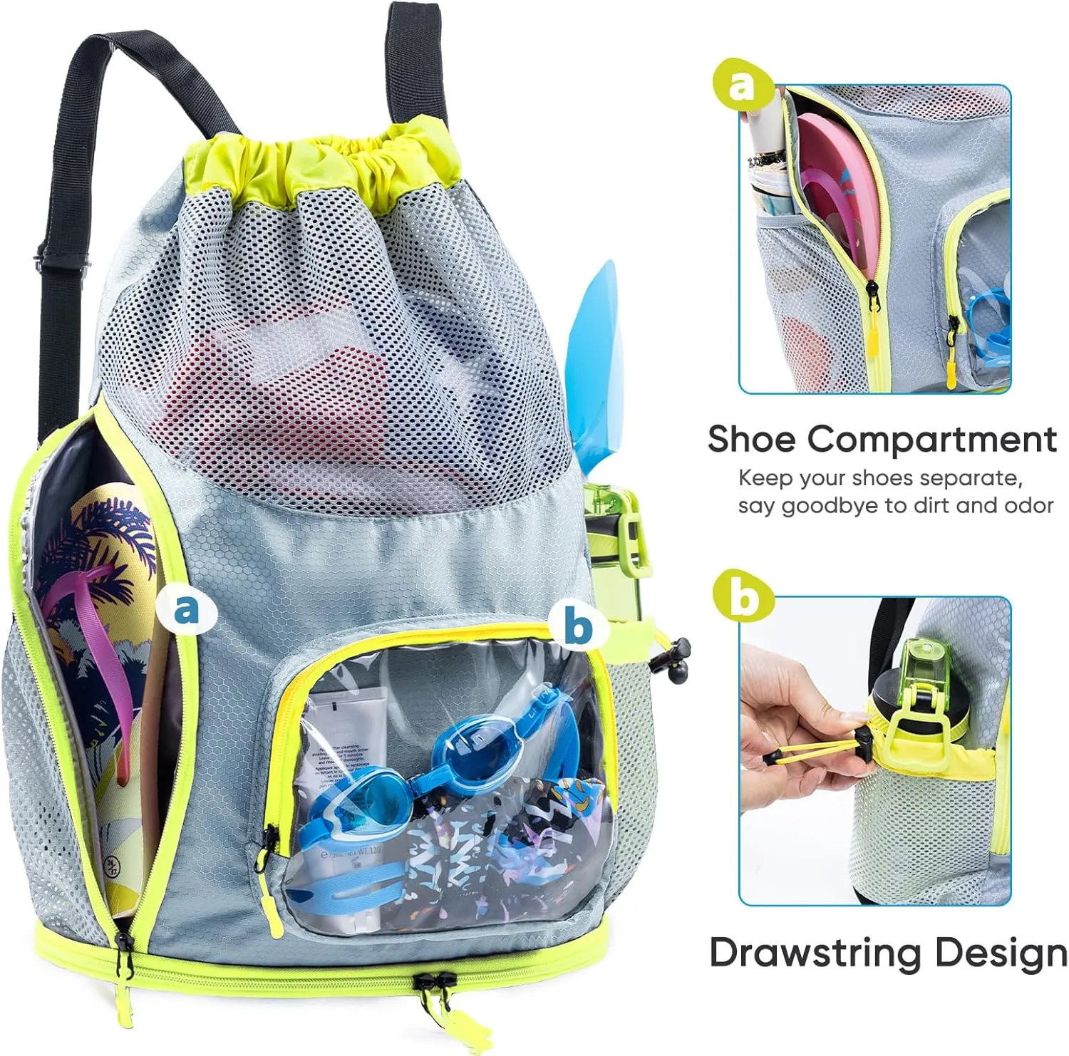 Drawstring Backpack Sandproof - Mesh Backpack Beach Bag with Shoe Compartment - Swim Bag for Beach, Pool - Pool Bag with Pockets for Toiletries - Wet Bag for Swimsuit - Summer Camp Essentials