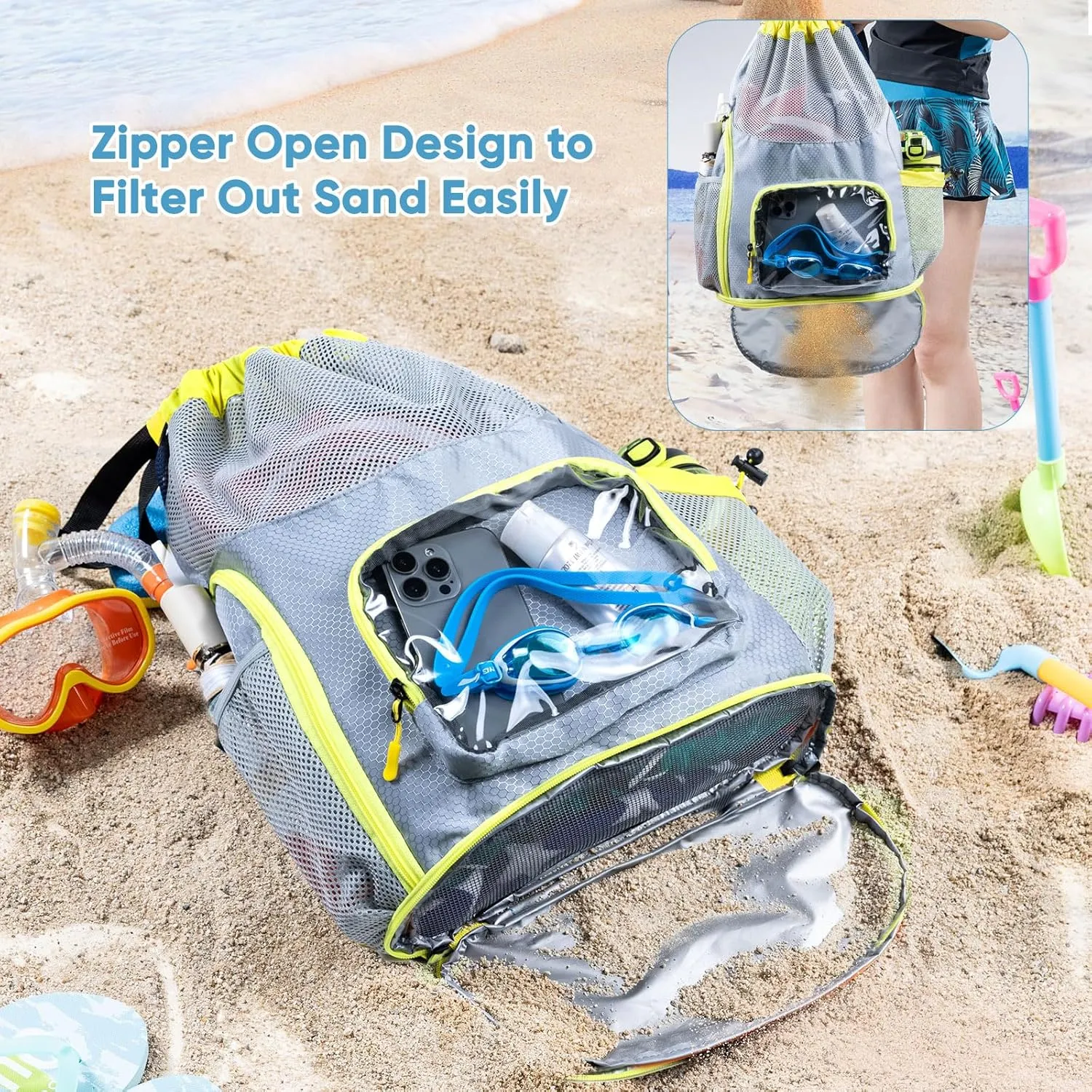 Drawstring Backpack Sandproof - Mesh Backpack Beach Bag with Shoe Compartment - Swim Bag for Beach, Pool - Pool Bag with Pockets for Toiletries - Wet Bag for Swimsuit - Summer Camp Essentials