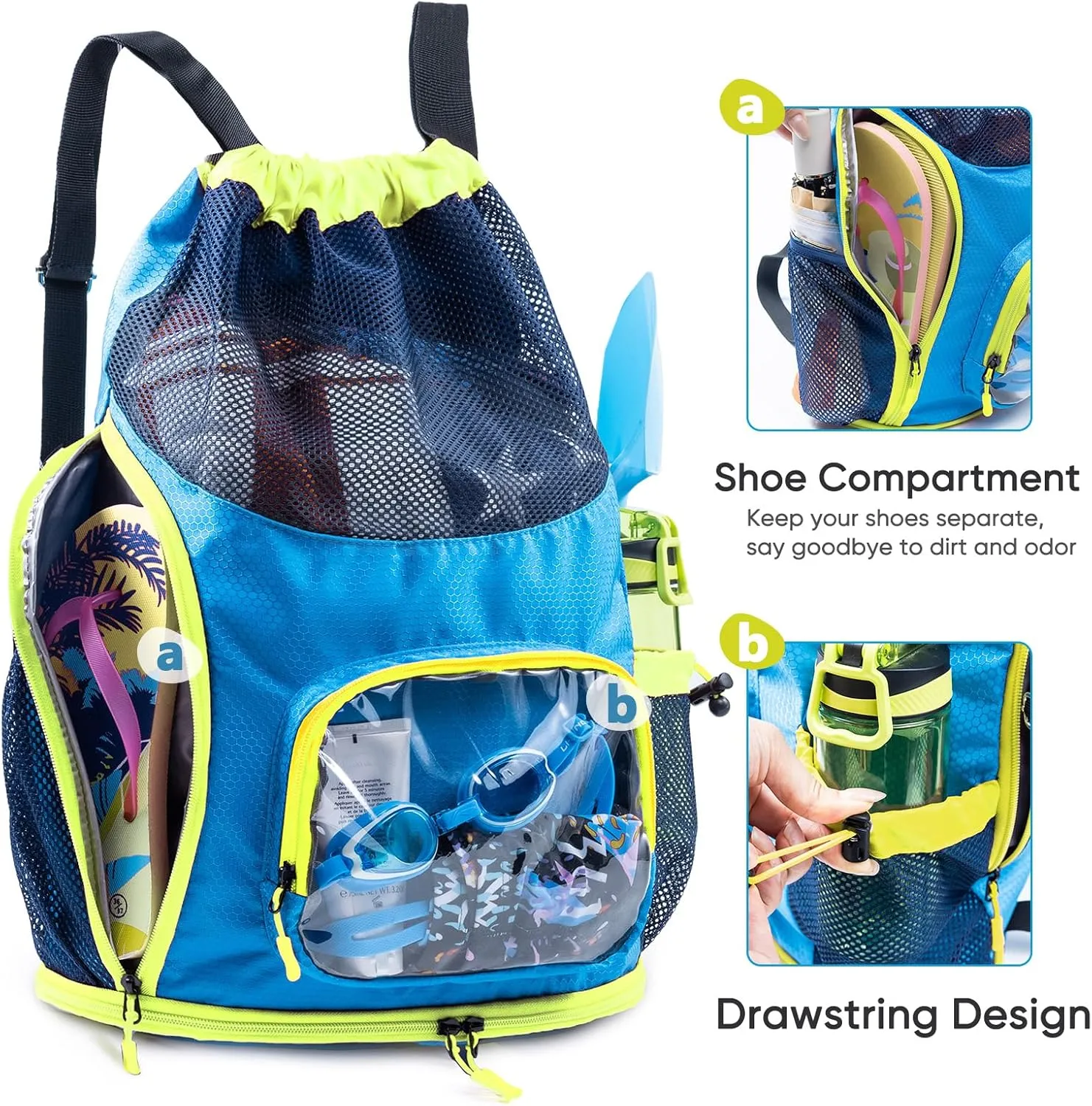 Drawstring Backpack Sandproof - Mesh Backpack Beach Bag with Shoe Compartment - Swim Bag for Beach, Pool - Pool Bag with Pockets for Toiletries - Wet Bag for Swimsuit - Summer Camp Essentials