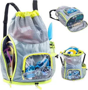 Drawstring Backpack Sandproof - Mesh Backpack Beach Bag with Shoe Compartment - Swim Bag for Beach, Pool - Pool Bag with Pockets for Toiletries - Wet Bag for Swimsuit - Summer Camp Essentials