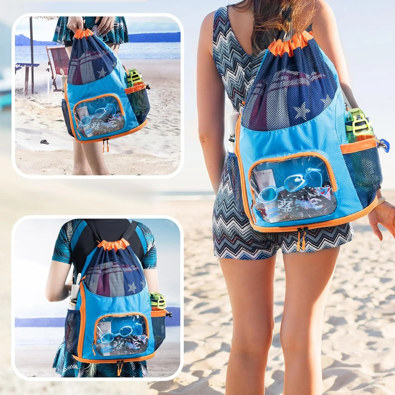 Drawstring Mesh Backpack - Beach Bag with Shoe Compartment - Swim/Pool Bag for Beach & Pool - Summer Camp Essentials
