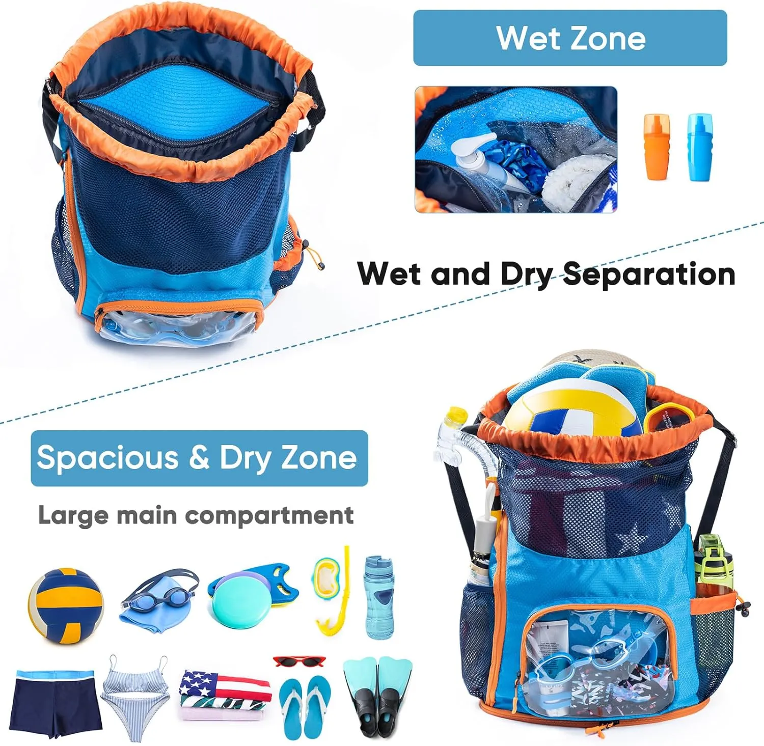Drawstring Mesh Backpack - Beach Bag with Shoe Compartment - Swim/Pool Bag for Beach & Pool - Summer Camp Essentials