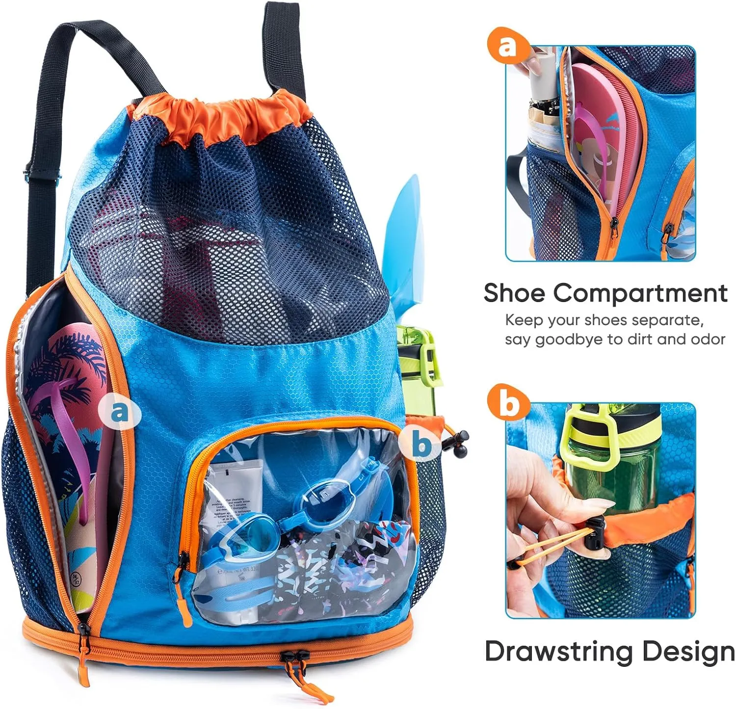Drawstring Mesh Backpack - Beach Bag with Shoe Compartment - Swim/Pool Bag for Beach & Pool - Summer Camp Essentials