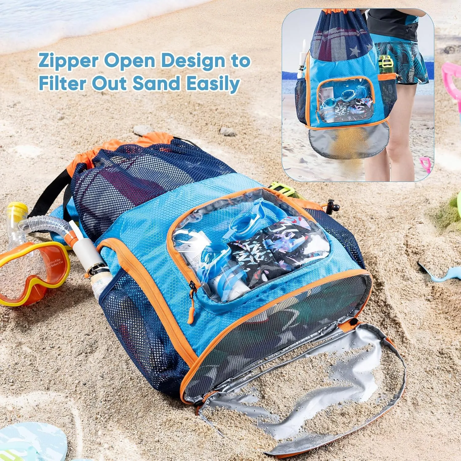 Drawstring Mesh Backpack - Beach Bag with Shoe Compartment - Swim/Pool Bag for Beach & Pool - Summer Camp Essentials