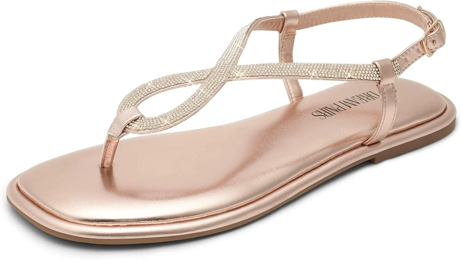 DREAM PAIRS Women's Flat Sandals Fashion Rhinestone Flat Sandals with Ankle Strap for Summers Dress Casual