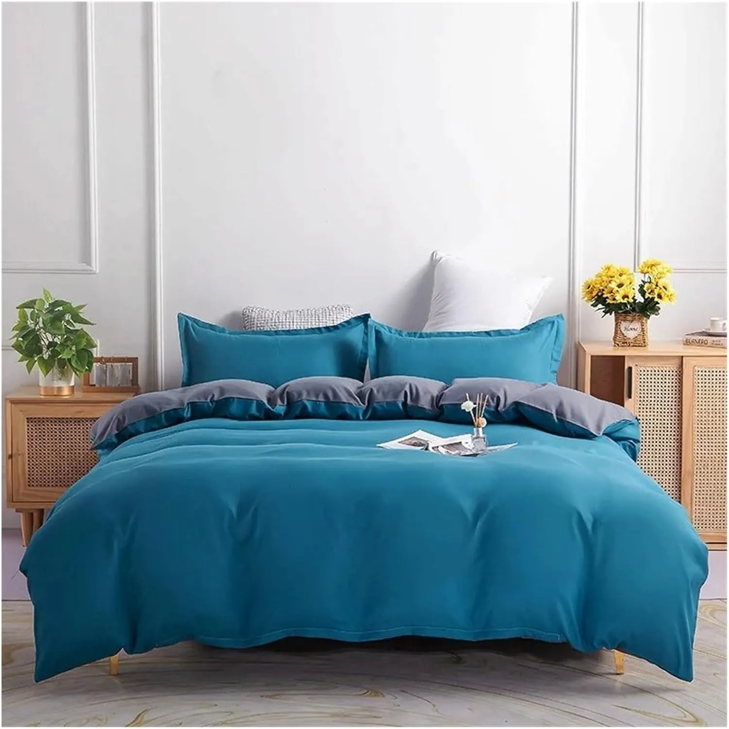 Duvet Cover Sets, Duvet Cover Set Green Reversible Bedding Set with Duvet Cover Sheet Pillowcase 4 Piece Home Textile Products(B,Twin)