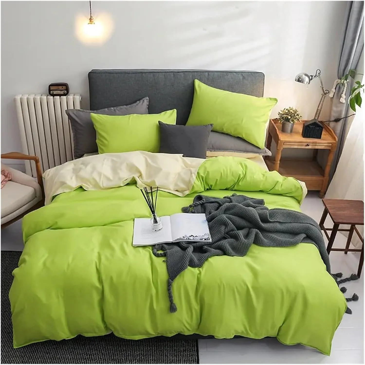 Duvet Cover Sets, Duvet Cover Set Green Reversible Bedding Set with Duvet Cover Sheet Pillowcase 4 Piece Home Textile Products(B,Twin)