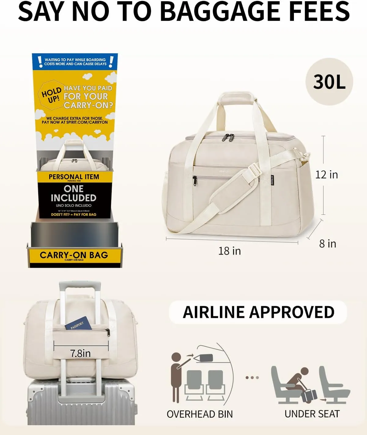 ECOHUB Spirit Airlines Personal Item Travel Duffel 18x14x8 With Laptop Compartment & Shoe Bag, Underseat Carry-On, Wet Pocket, 30L (Beige)