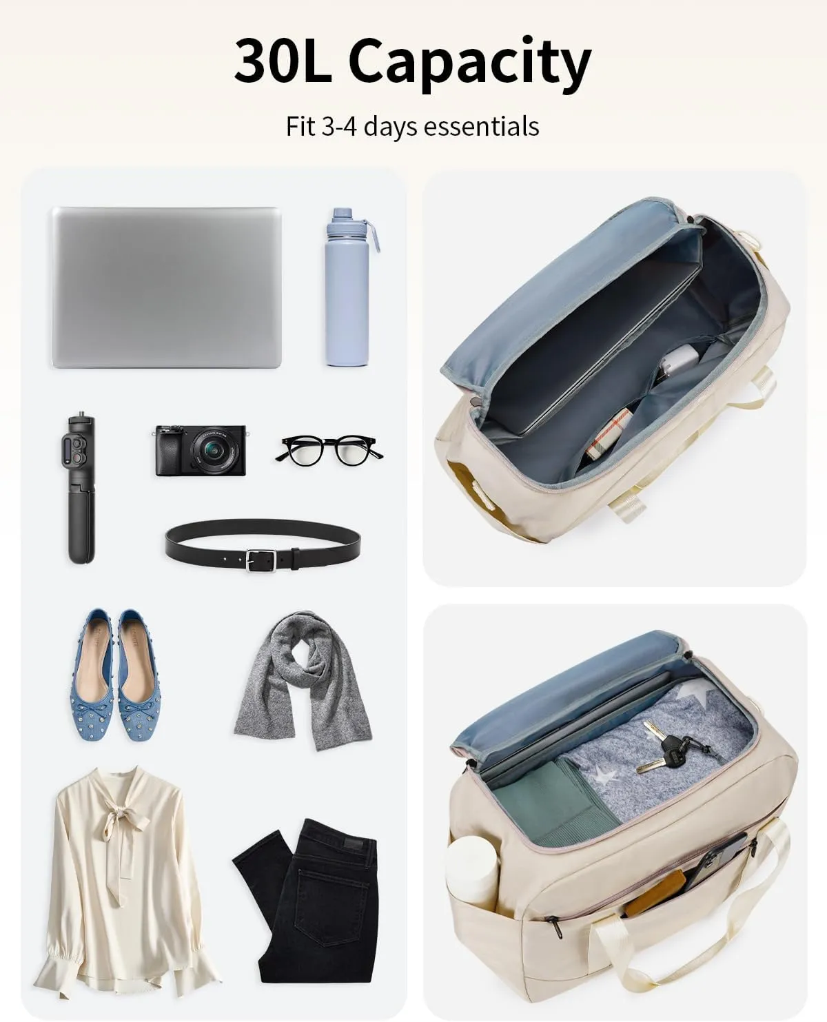 ECOHUB Spirit Airlines Personal Item Travel Duffel 18x14x8 With Laptop Compartment & Shoe Bag, Underseat Carry-On, Wet Pocket, 30L (Beige)