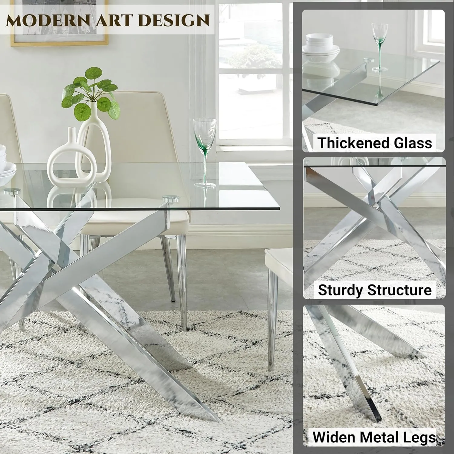 Edwin's Choice 58.5” Rectangle Glass Dining Table, Tempered Glass Tabletop and Metal Tubular Legs, Modern Style Table for Home, Kitchen, Dining Room 58.5”Lx29”Wx30”H, Silver