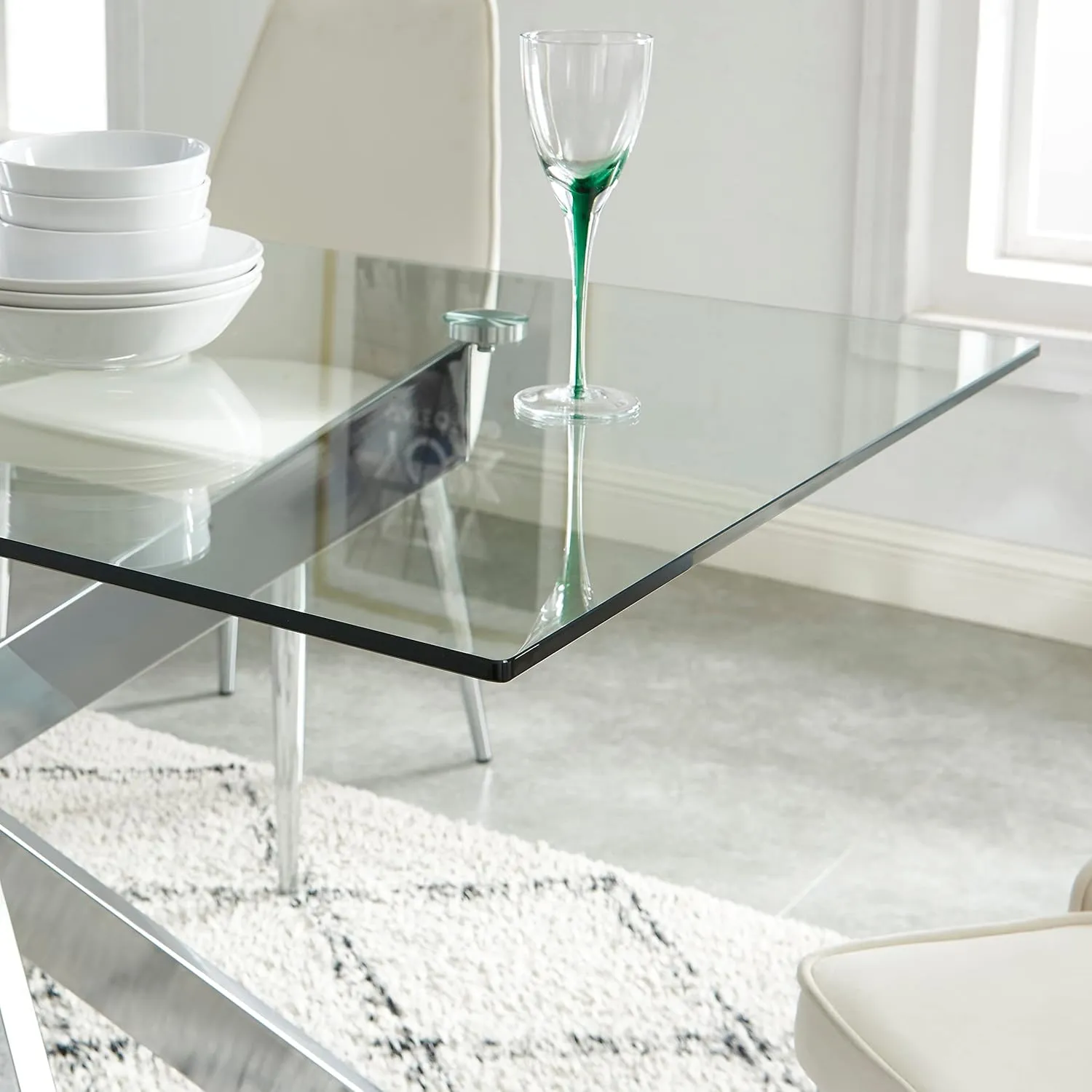 Edwin's Choice 58.5” Rectangle Glass Dining Table, Tempered Glass Tabletop and Metal Tubular Legs, Modern Style Table for Home, Kitchen, Dining Room 58.5”Lx29”Wx30”H, Silver
