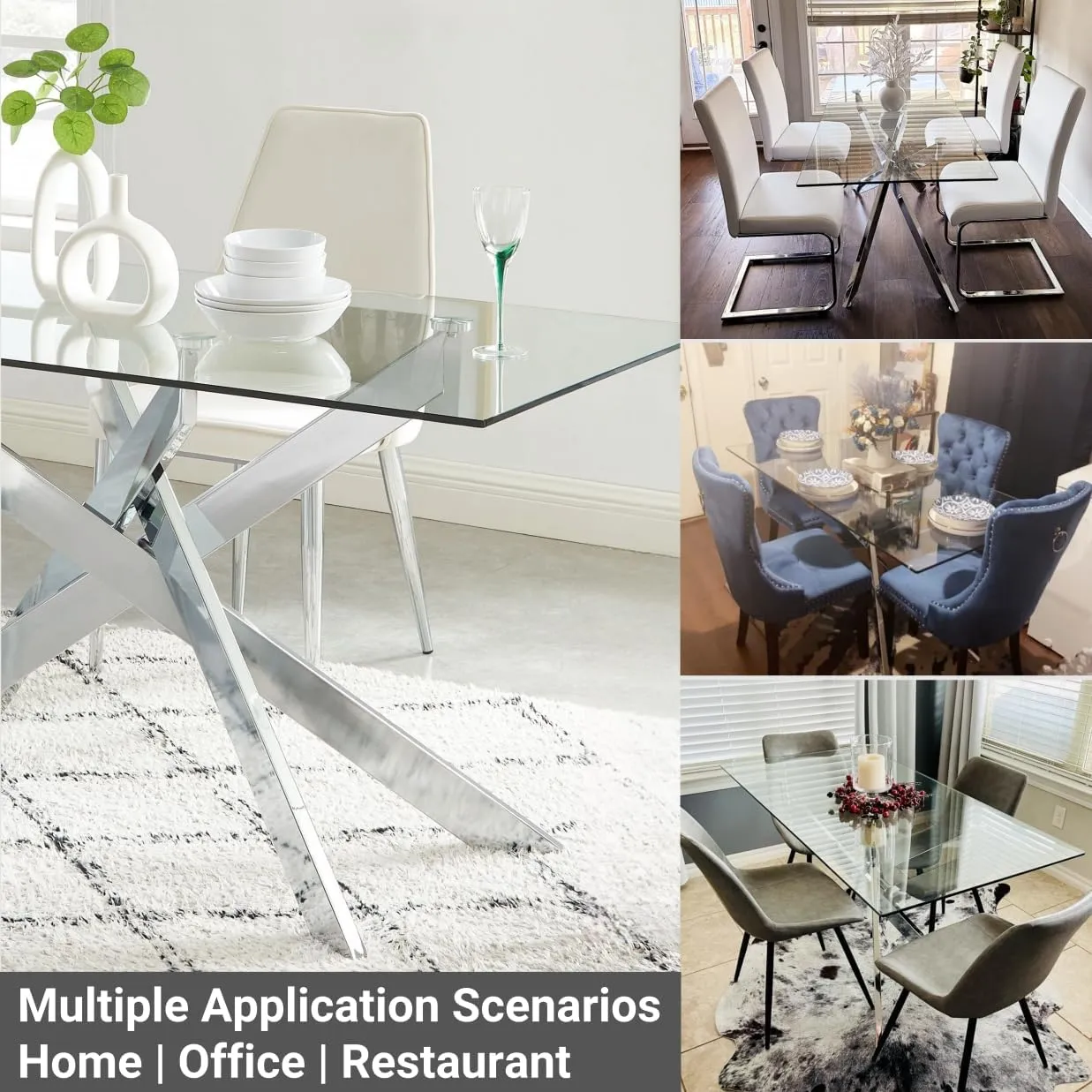 Edwin's Choice 58.5” Rectangle Glass Dining Table, Tempered Glass Tabletop and Metal Tubular Legs, Modern Style Table for Home, Kitchen, Dining Room 58.5”Lx29”Wx30”H, Silver