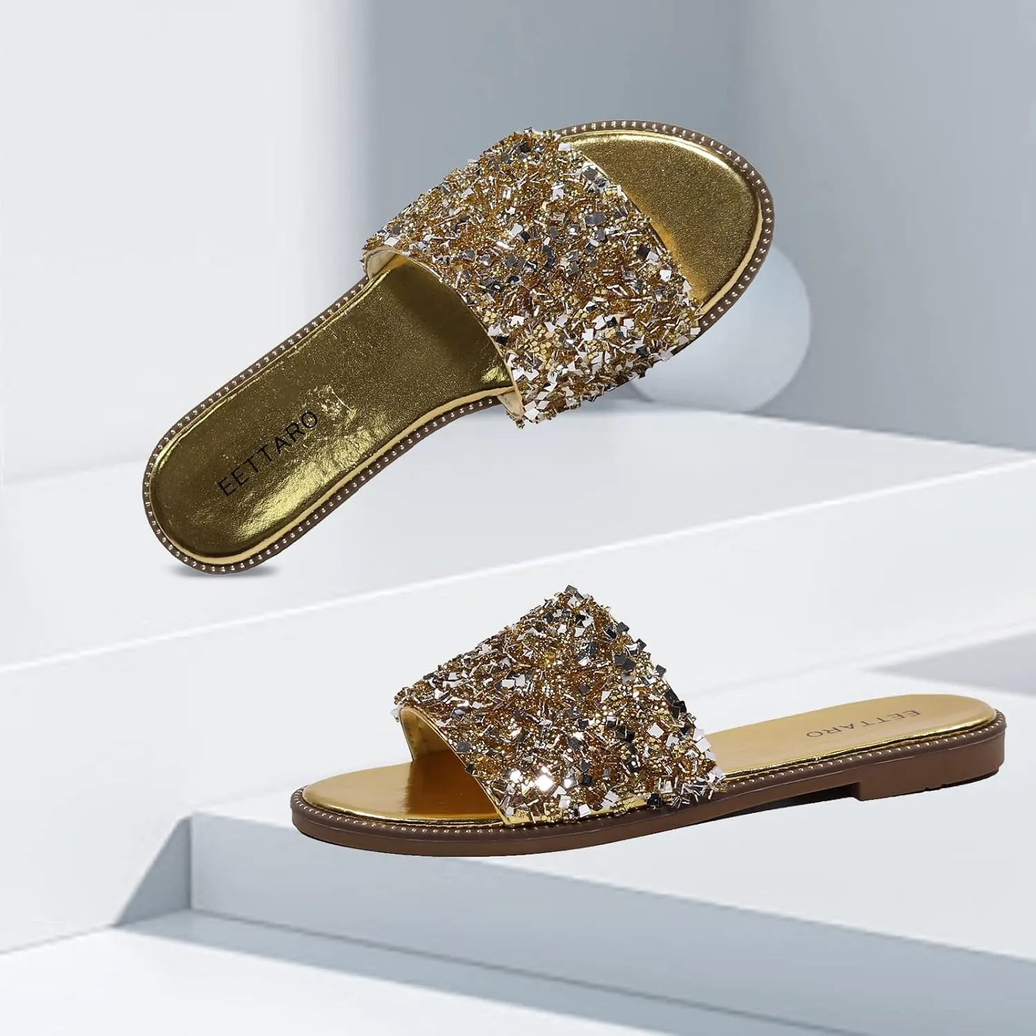 EETTARO Women's Glitter Shiny Slide Sandals Sparkle Fancy Flat Slippers Slip-on Jeweled Shoes