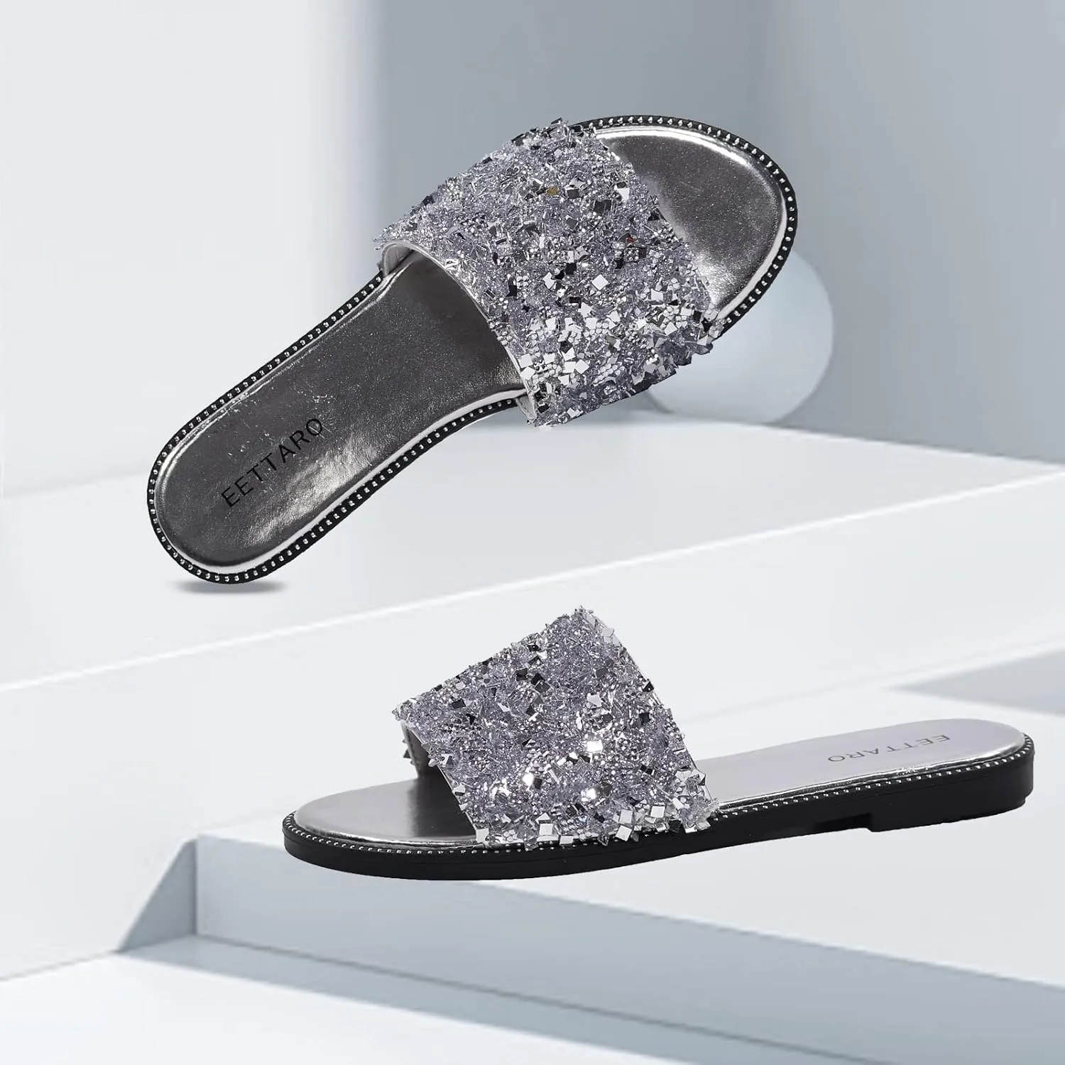 EETTARO Women's Glitter Shiny Slide Sandals Sparkle Fancy Flat Slippers Slip-on Jeweled Shoes