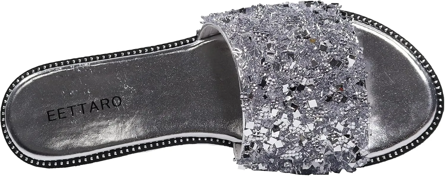 EETTARO Women's Glitter Shiny Slide Sandals Sparkle Fancy Flat Slippers Slip-on Jeweled Shoes