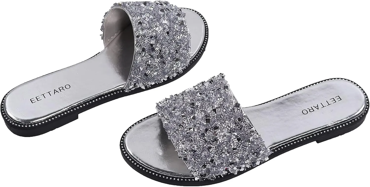 EETTARO Women's Glitter Shiny Slide Sandals Sparkle Fancy Flat Slippers Slip-on Jeweled Shoes