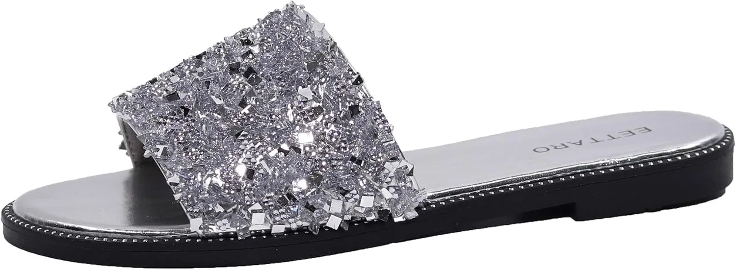 EETTARO Women's Glitter Shiny Slide Sandals Sparkle Fancy Flat Slippers Slip-on Jeweled Shoes