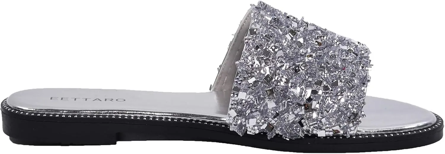 EETTARO Women's Glitter Shiny Slide Sandals Sparkle Fancy Flat Slippers Slip-on Jeweled Shoes