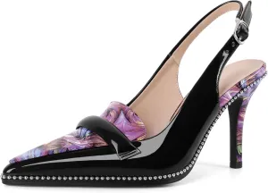 Eldof Pointed Toe Slingback Heels for Women Beaded Stiletto High Heel Women Pumps Shoes Dress 3.5 Inches in Multi Color