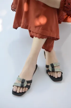 Elegant Black Embellished Flat Sandals