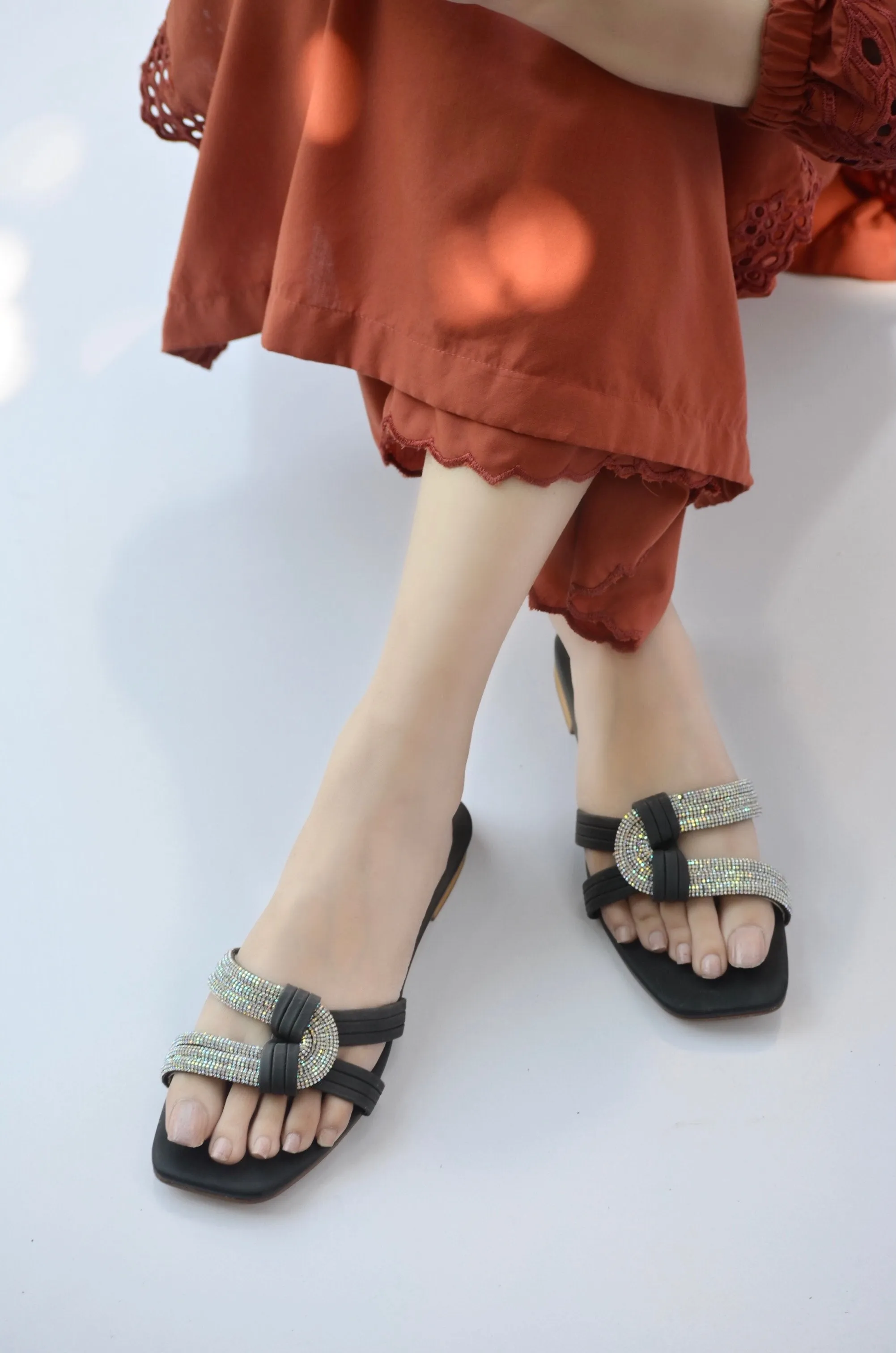 Elegant Black Embellished Flat Sandals