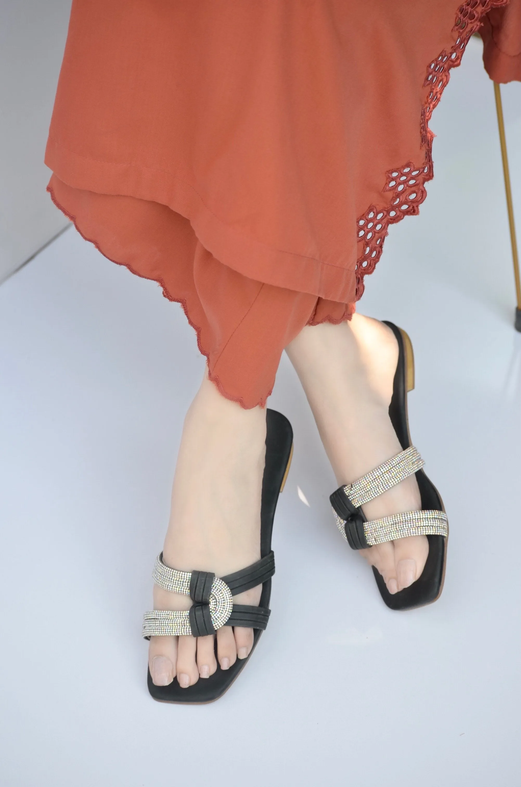 Elegant Black Embellished Flat Sandals