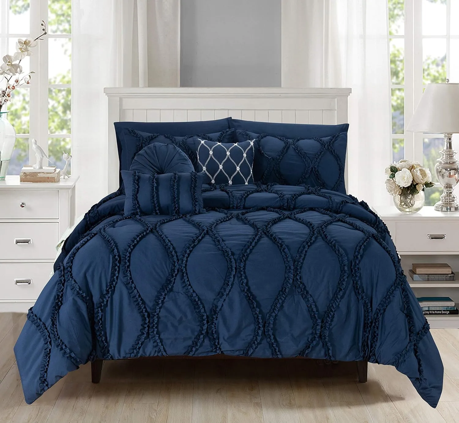 Elegant Comfort 10pc Bed-in-a-Bag Infinity Design Comforter Set, Ultra Soft Bed Set Featuring Decorative Pillows and Fitted Sheet with Storage Pockets, Infinity Comforter, Full/Queen, Midnight Navy