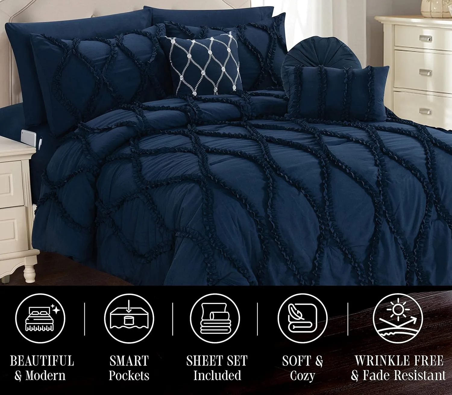 Elegant Comfort 10pc Bed-in-a-Bag Infinity Design Comforter Set, Ultra Soft Bed Set Featuring Decorative Pillows and Fitted Sheet with Storage Pockets, Infinity Comforter, Full/Queen, Midnight Navy