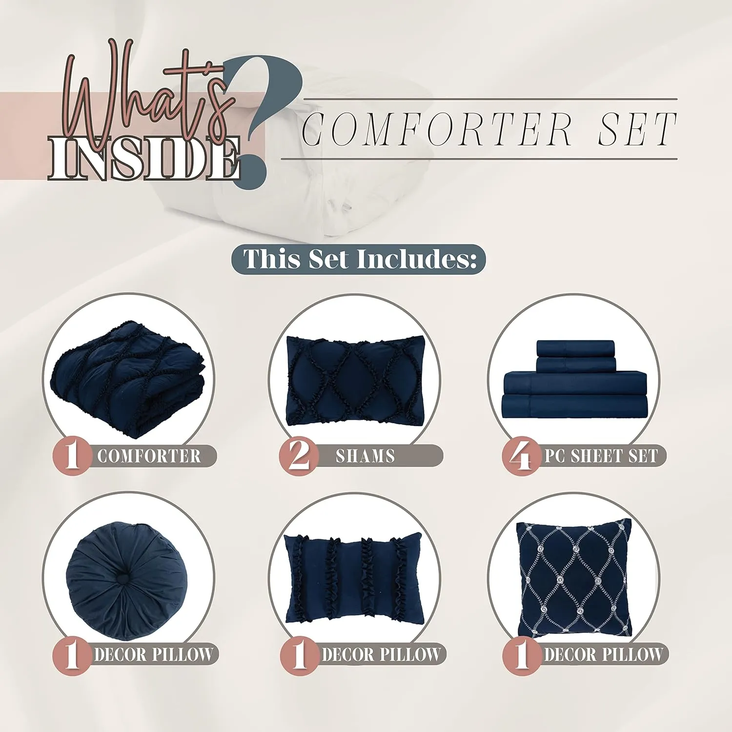 Elegant Comfort 10pc Bed-in-a-Bag Infinity Design Comforter Set, Ultra Soft Bed Set Featuring Decorative Pillows and Fitted Sheet with Storage Pockets, Infinity Comforter, Full/Queen, Midnight Navy