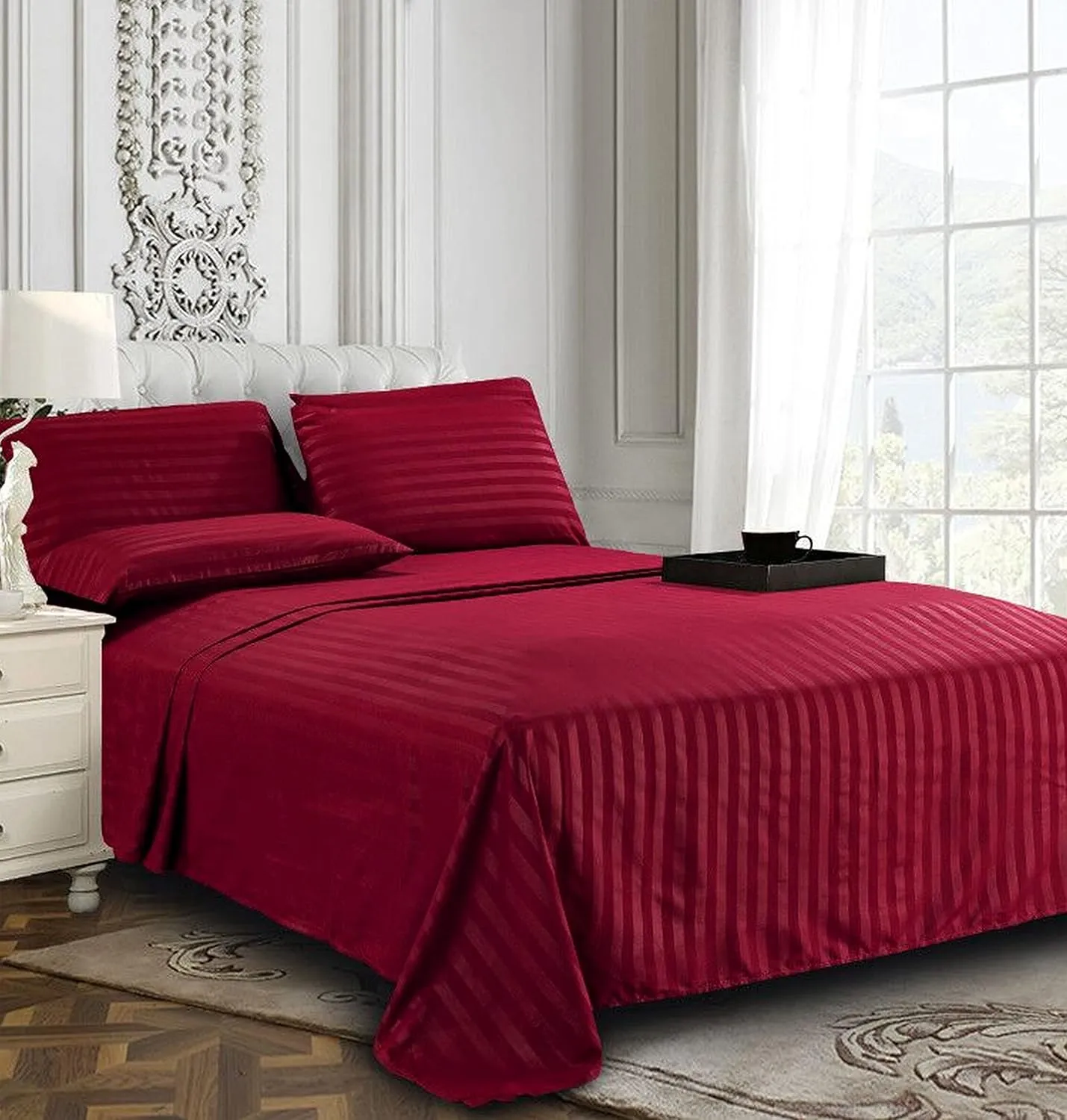Elegant Comfort Best, Softest, Coziest 6-Piece Sheet Sets! - 1500 Premier Hotel Quality Luxurious Wrinkle Resistant 6-Piece Damask Stripe Bed Sheet Set, California King Burgundy