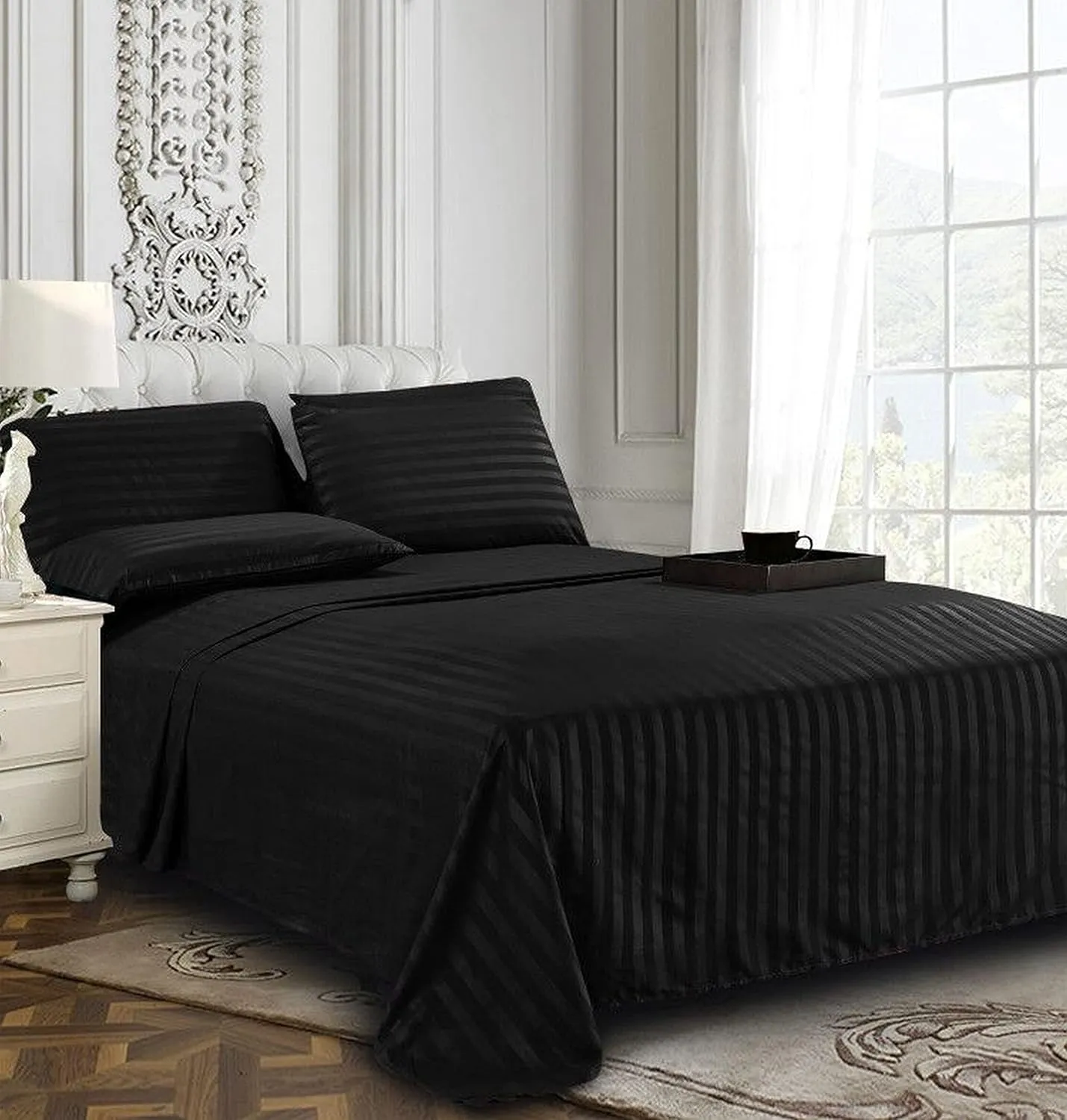 Elegant Comfort Best, Softest, Coziest 6-Piece Sheet Sets! - 1500 Premier Hotel Quality Luxurious Wrinkle Resistant 6-Piece Damask Stripe Bed Sheet Set, Queen Black