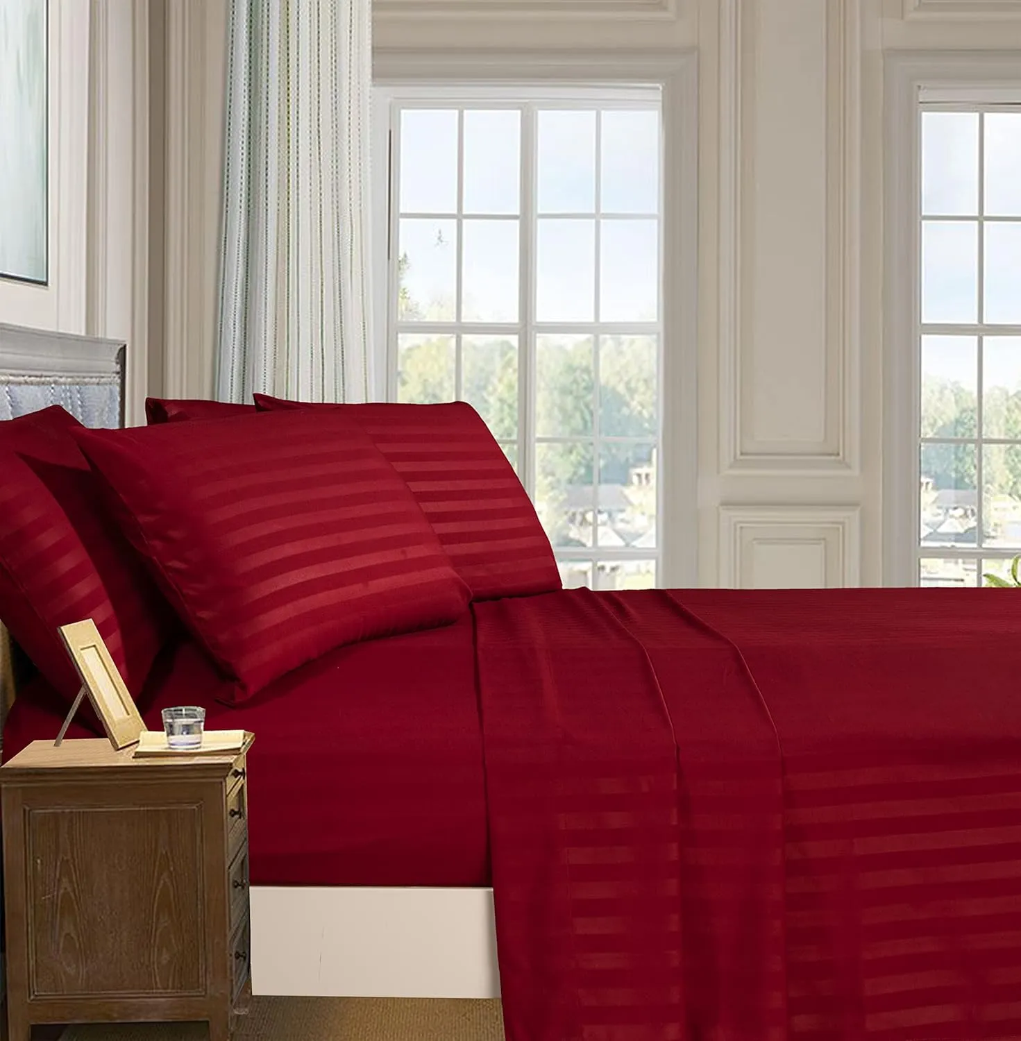 Elegant Comfort Best, Softest, Coziest 6-Piece Sheet Sets! - 1500 Premier Hotel Quality Luxurious Wrinkle Resistant 6-Piece Damask Stripe Bed Sheet Set, Queen Burgundy